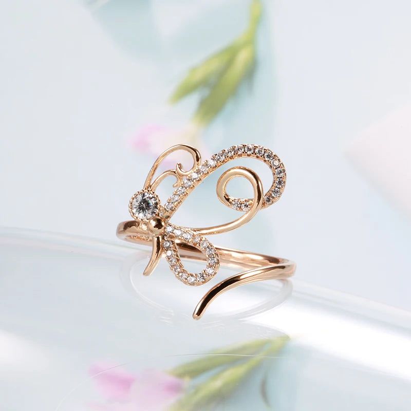 Exquisite 585 Rose Gold Butterfly Cocktail Ring with Natural Zircon Inlay