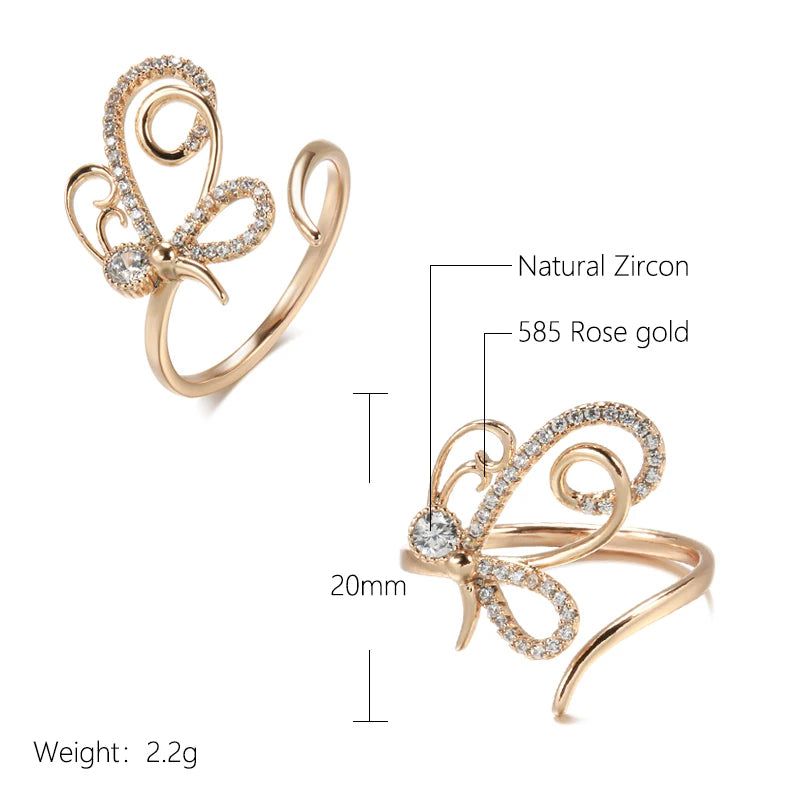 Exquisite 585 Rose Gold Butterfly Cocktail Ring with Natural Zircon Inlay