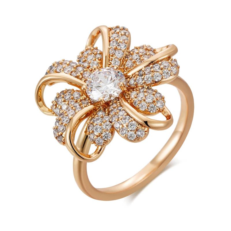 Exquisite 585 Rose Gold Crystal Flower Ring with Natural Zircon - Modern Cocktail Jewelry