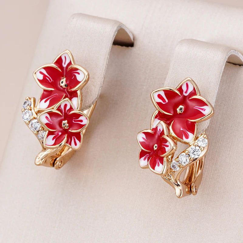 Exquisite 585 Rose Gold Dangle Earrings with Natural Zircon and Red Enamel Flower Design