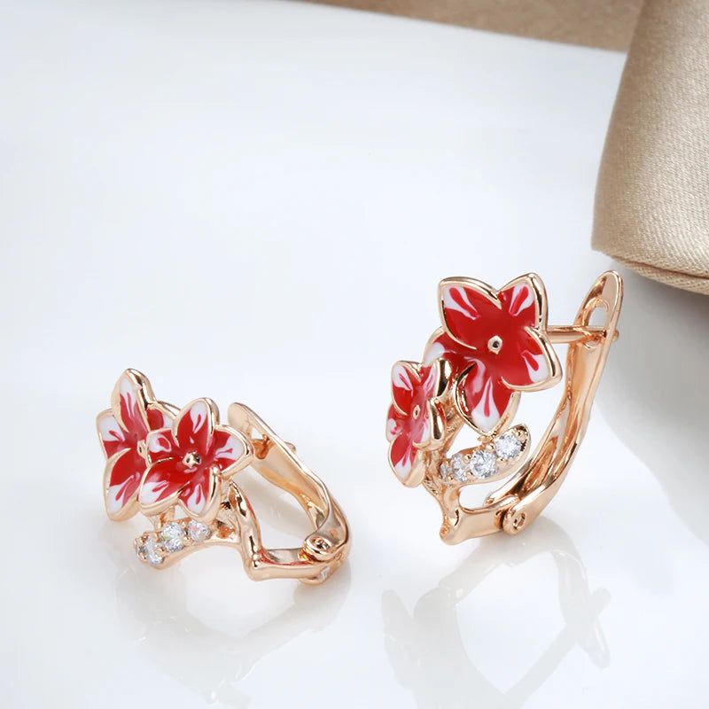 Exquisite 585 Rose Gold Dangle Earrings with Natural Zircon and Red Enamel Flower Design