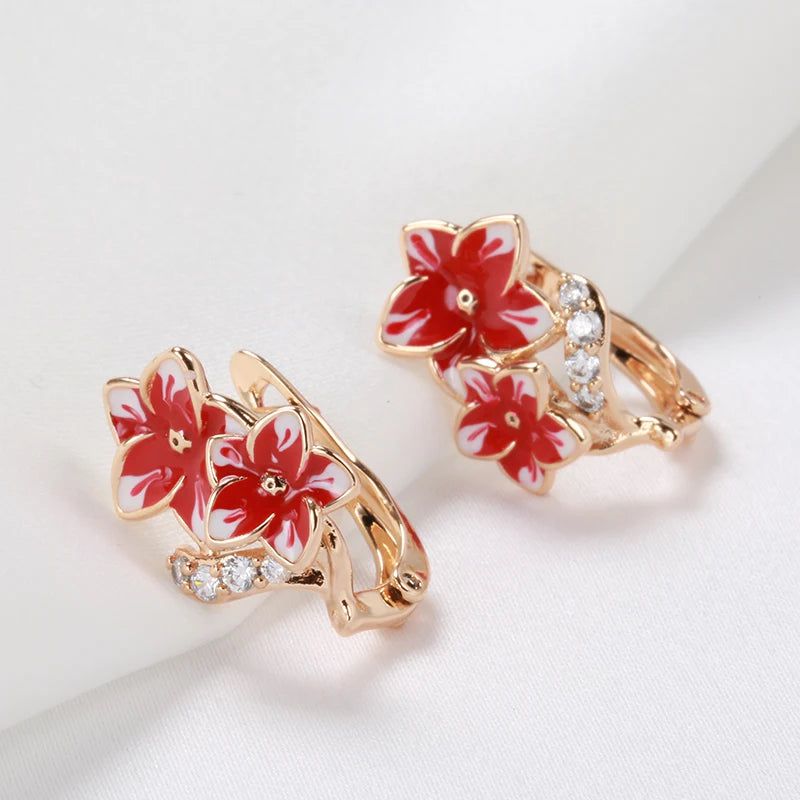 Exquisite 585 Rose Gold Dangle Earrings with Natural Zircon and Red Enamel Flower Design