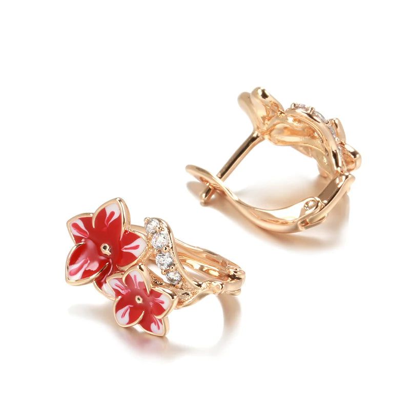 Exquisite 585 Rose Gold Dangle Earrings with Natural Zircon and Red Enamel Flower Design