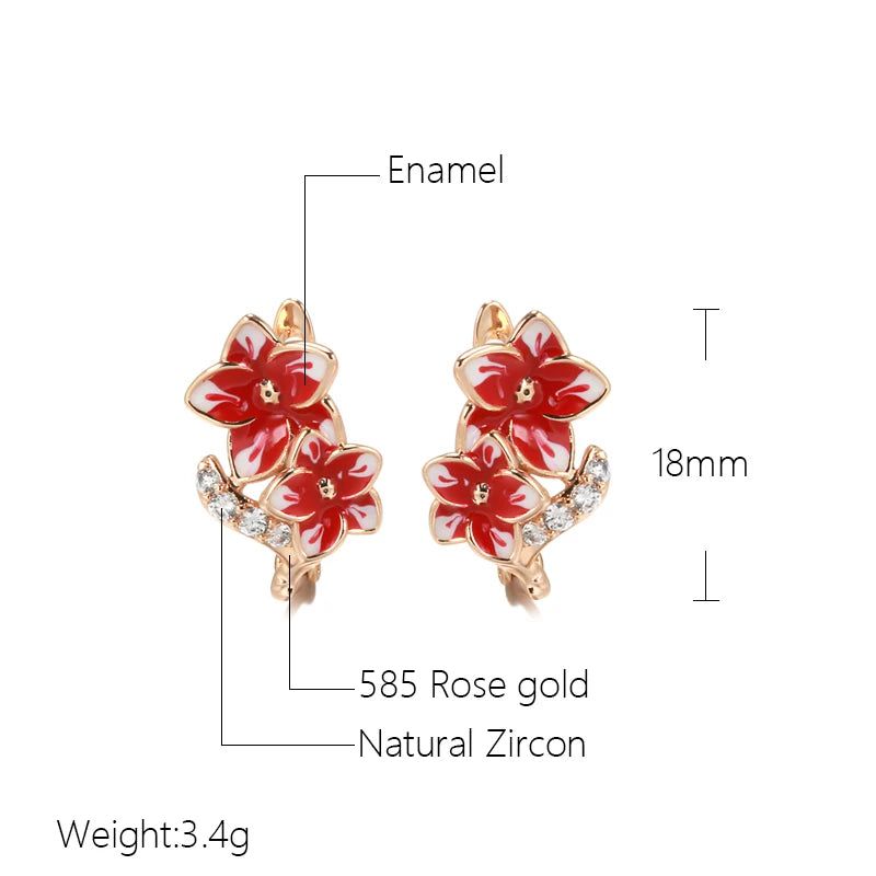 Exquisite 585 Rose Gold Dangle Earrings with Natural Zircon and Red Enamel Flower Design