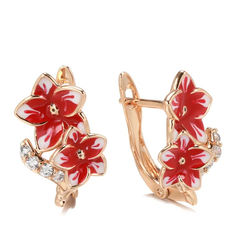 Exquisite 585 Rose Gold Dangle Earrings with Natural Zircon and Red Enamel Flower Design