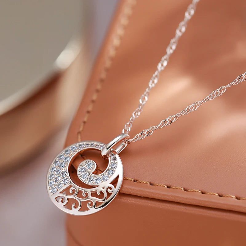 Exquisite 585 Rose Gold Floral Pendant Necklace with Natural Zircon Crystals - Elegant Bridal Jewelry