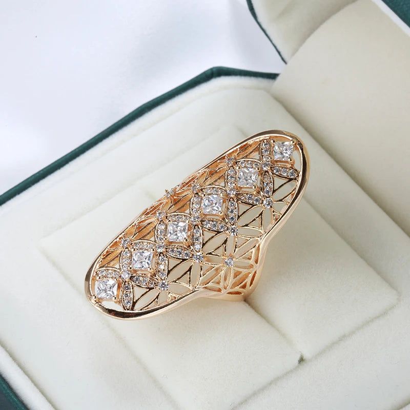 Exquisite 585 Rose Gold Geometric Cocktail Ring with Natural Zircon