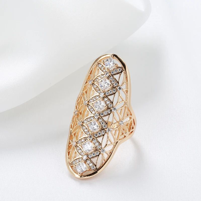 Exquisite 585 Rose Gold Geometric Cocktail Ring with Natural Zircon