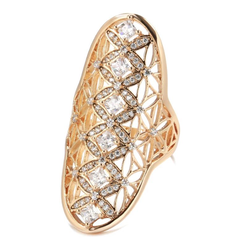 Exquisite 585 Rose Gold Geometric Cocktail Ring with Natural Zircon