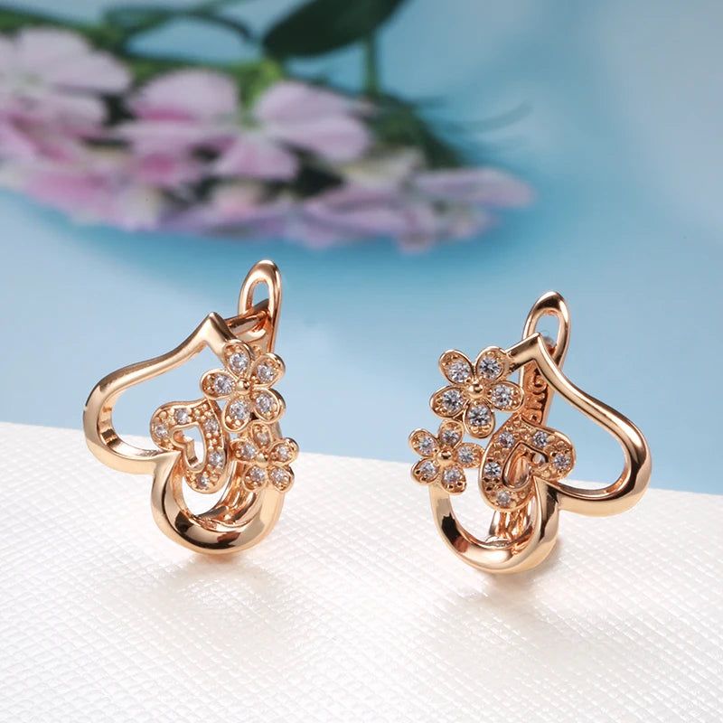 Exquisite 585 Rose Gold Heart Drop Earrings with Micro-Wax Inlay and Natural Zircon