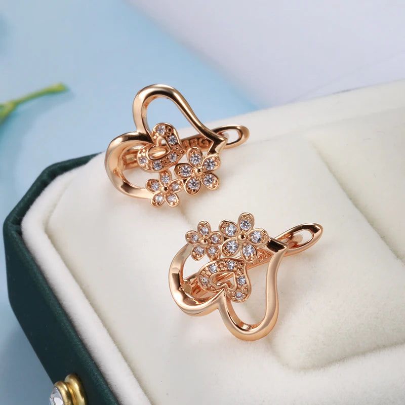 Exquisite 585 Rose Gold Heart Drop Earrings with Micro-Wax Inlay and Natural Zircon