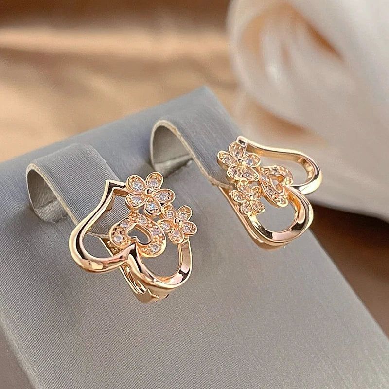 Exquisite 585 Rose Gold Heart Drop Earrings with Micro-Wax Inlay and Natural Zircon