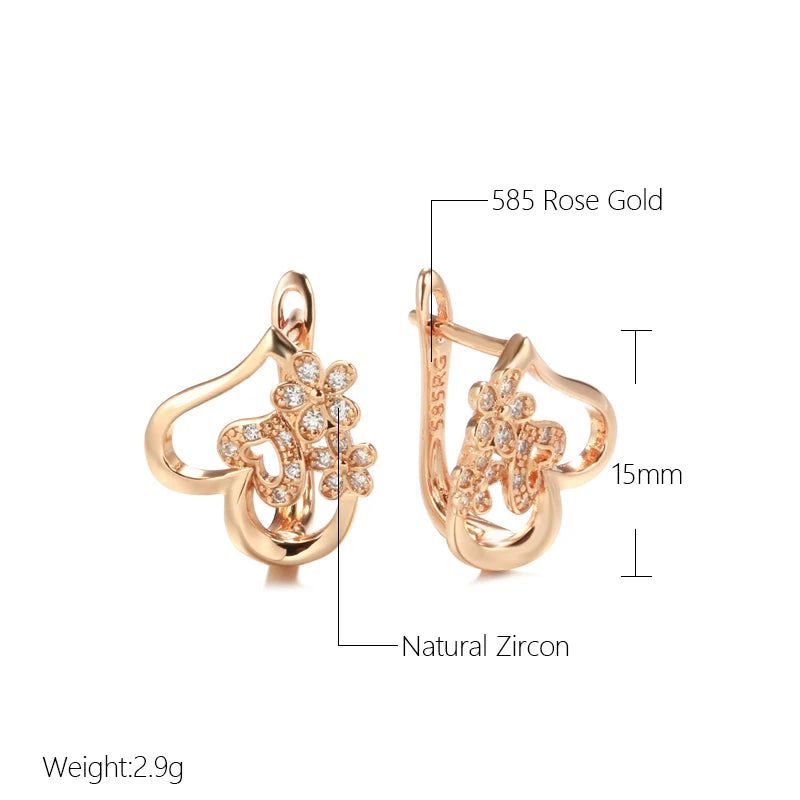 Exquisite 585 Rose Gold Heart Drop Earrings with Micro-Wax Inlay and Natural Zircon