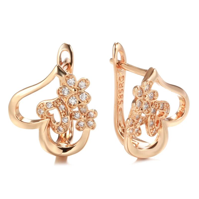 Exquisite 585 Rose Gold Heart Drop Earrings with Micro-Wax Inlay and Natural Zircon