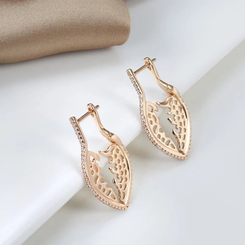 Exquisite 585 Rose Gold Hollow Flower Drop Earrings with Natural Zircon – Vintage Elegance