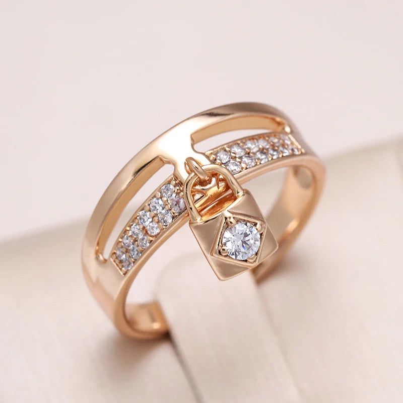 Exquisite 585 Rose Gold Lock Design Ring with Natural Zircon Inlays