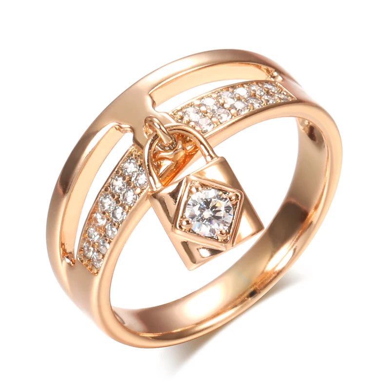 Exquisite 585 Rose Gold Lock Design Ring with Natural Zircon Inlays