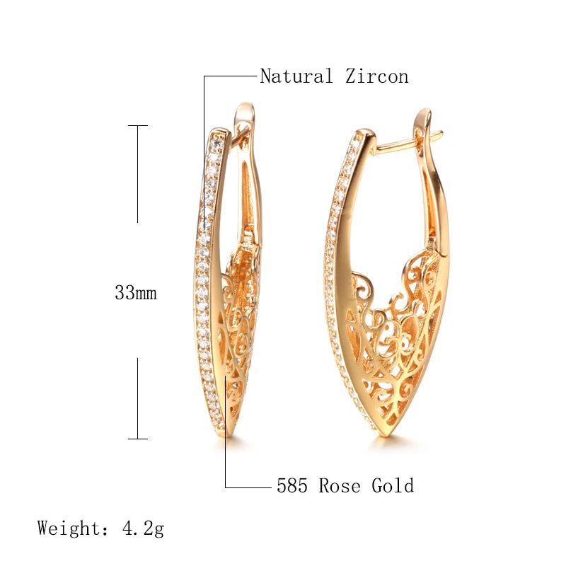 Exquisite 585 Rose Gold Natural Zircon Floral Drop Earrings with Hollow Design - Luxury Fashion Jewelry