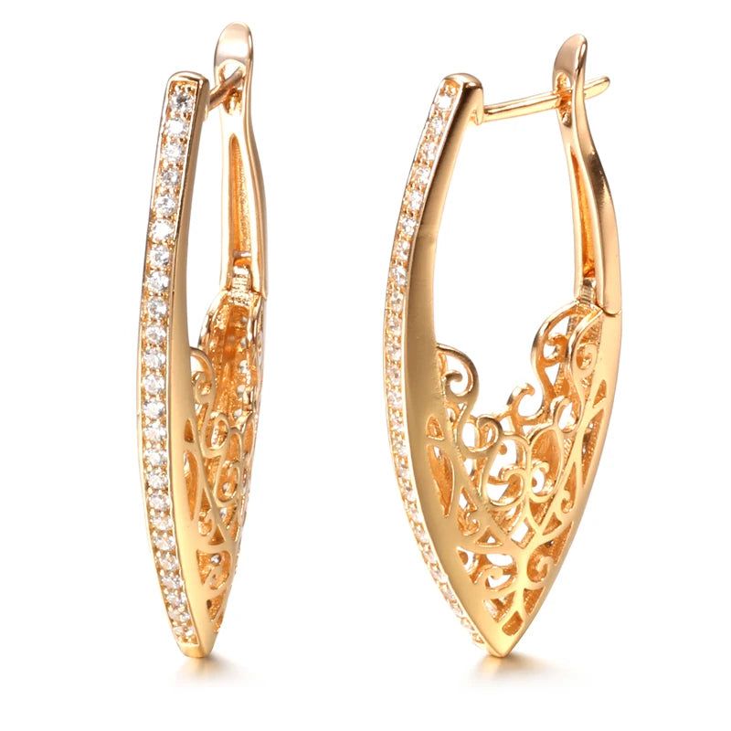 Exquisite 585 Rose Gold Natural Zircon Floral Drop Earrings with Hollow Design - Luxury Fashion Jewelry