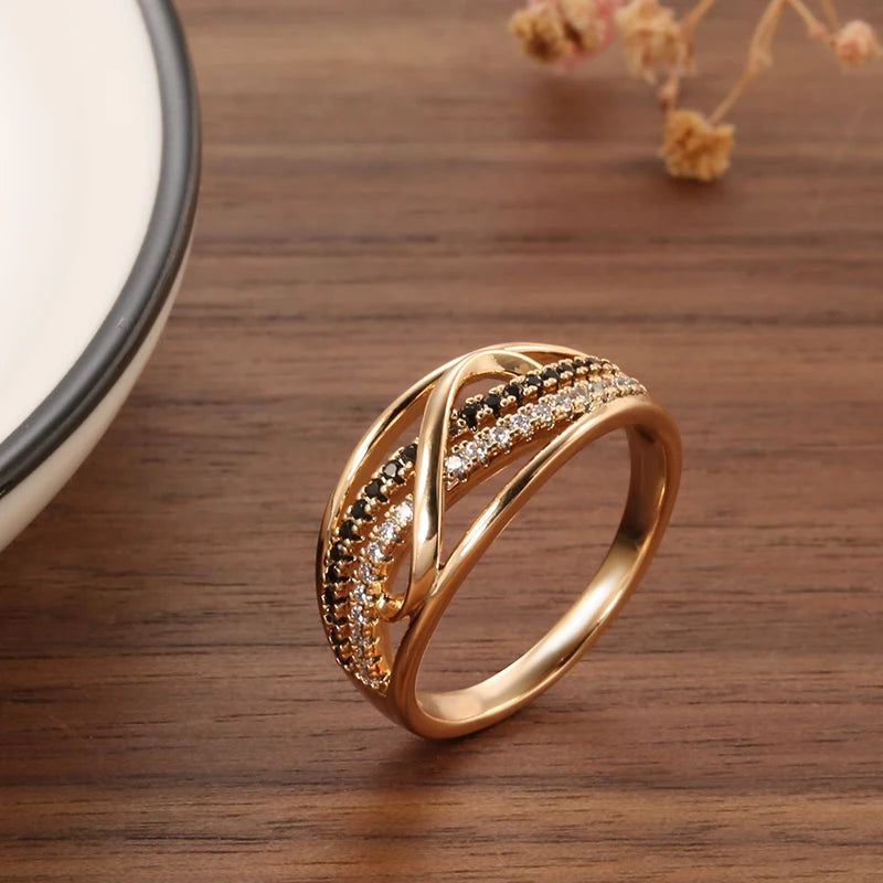 Exquisite 585 Rose Gold Wave Ring with Black Natural Zircon - Vintage Chic Jewelry