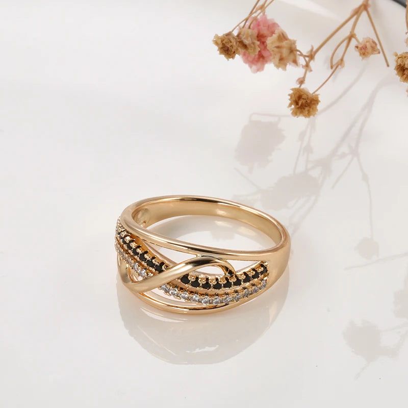 Exquisite 585 Rose Gold Wave Ring with Black Natural Zircon - Vintage Chic Jewelry