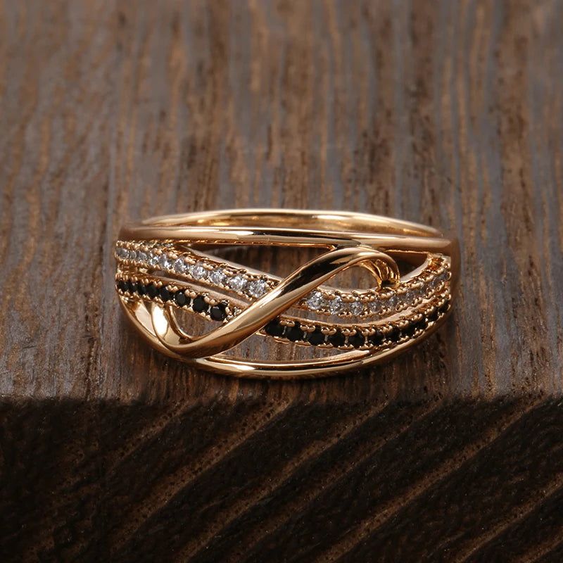 Exquisite 585 Rose Gold Wave Ring with Black Natural Zircon - Vintage Chic Jewelry