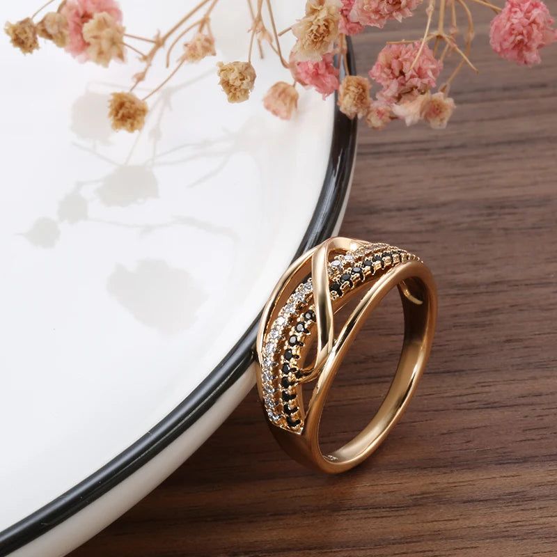 Exquisite 585 Rose Gold Wave Ring with Black Natural Zircon - Vintage Chic Jewelry