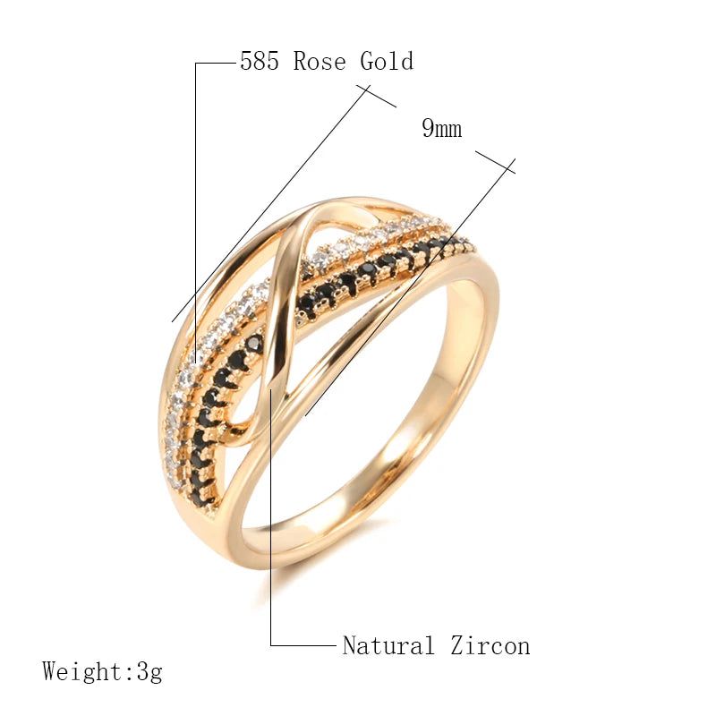 Exquisite 585 Rose Gold Wave Ring with Black Natural Zircon - Vintage Chic Jewelry