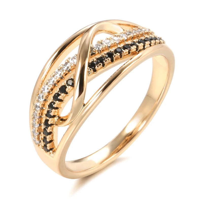 Exquisite 585 Rose Gold Wave Ring with Black Natural Zircon - Vintage Chic Jewelry