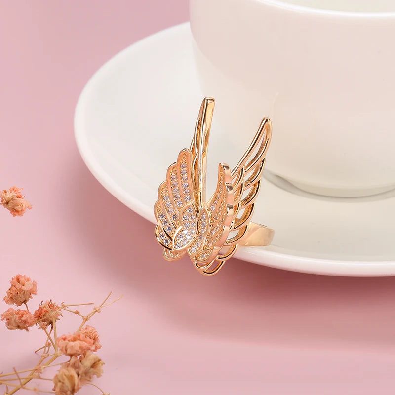 Exquisite 585 Rose Gold Wing Cocktail Ring with Natural Zircon and Micro-wax Inlay for Bridal Elegance