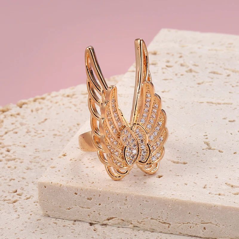 Exquisite 585 Rose Gold Wing Cocktail Ring with Natural Zircon and Micro-wax Inlay for Bridal Elegance