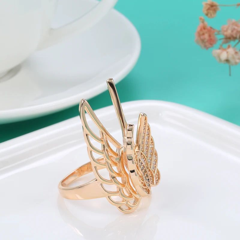 Exquisite 585 Rose Gold Wing Cocktail Ring with Natural Zircon and Micro-wax Inlay for Bridal Elegance