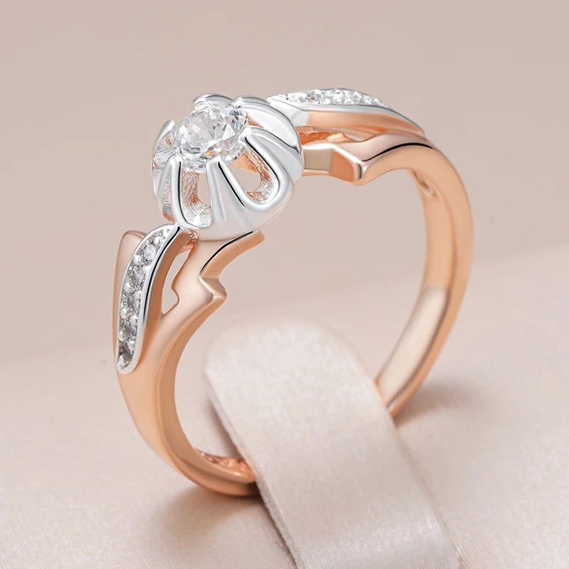 Exquisite 585 Rose Gold and Silver Mixed Natural Zircon Slim Design Cocktail Ring