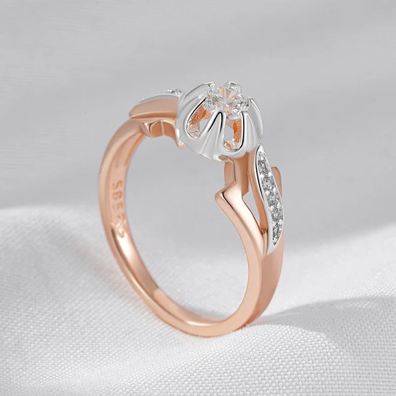 Exquisite 585 Rose Gold and Silver Mixed Natural Zircon Slim Design Cocktail Ring