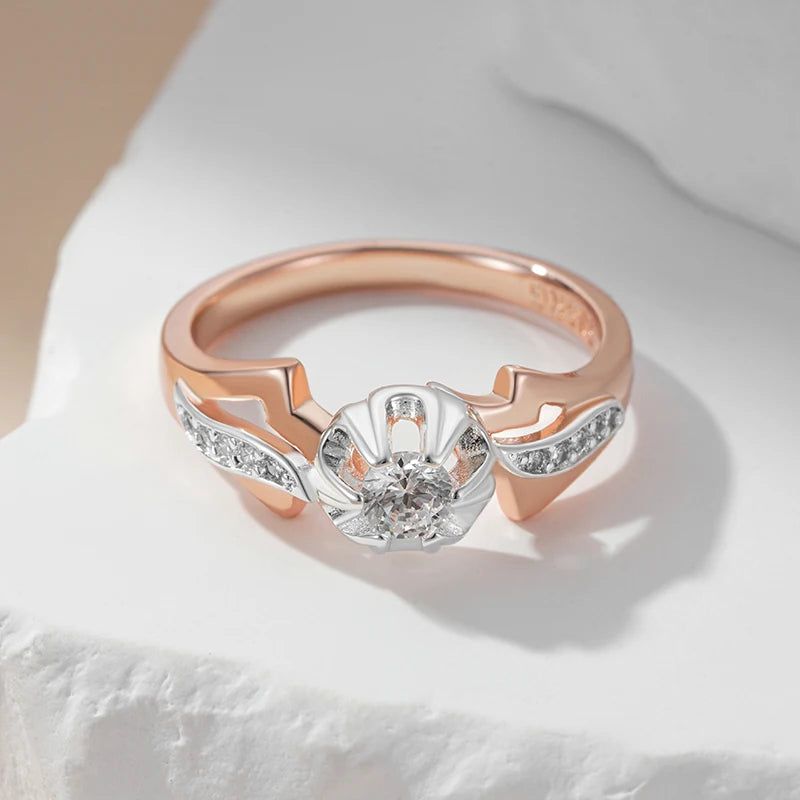 Exquisite 585 Rose Gold and Silver Mixed Natural Zircon Slim Design Cocktail Ring