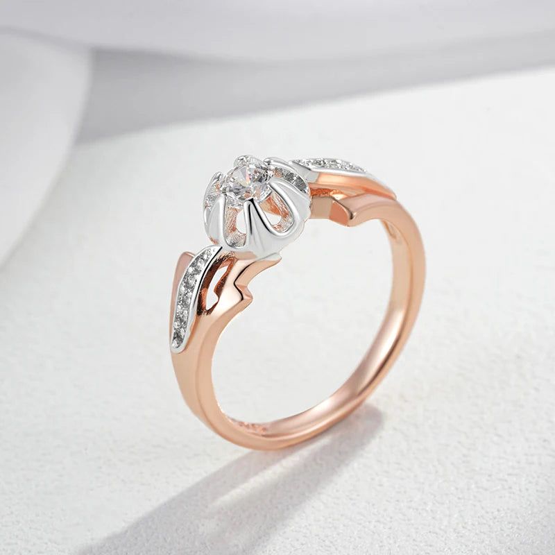 Exquisite 585 Rose Gold and Silver Mixed Natural Zircon Slim Design Cocktail Ring