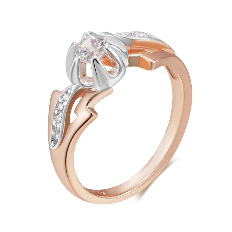 Exquisite 585 Rose Gold and Silver Mixed Natural Zircon Slim Design Cocktail Ring