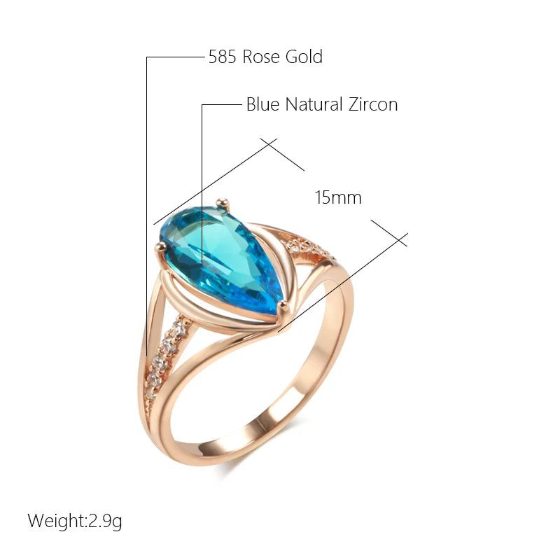 Exquisite Blue Natural Zircon Statement Ring in 585 Rose Gold Water Drop Design