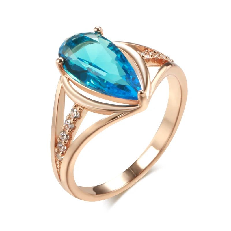 Exquisite Blue Natural Zircon Statement Ring in 585 Rose Gold Water Drop Design