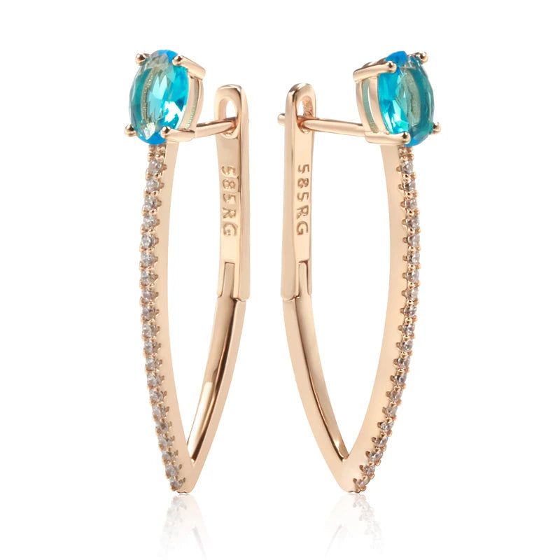 Exquisite Blue Zircon V-Shaped Drop Earrings in 585 Rose Gold - Elegant Holiday Jewelry