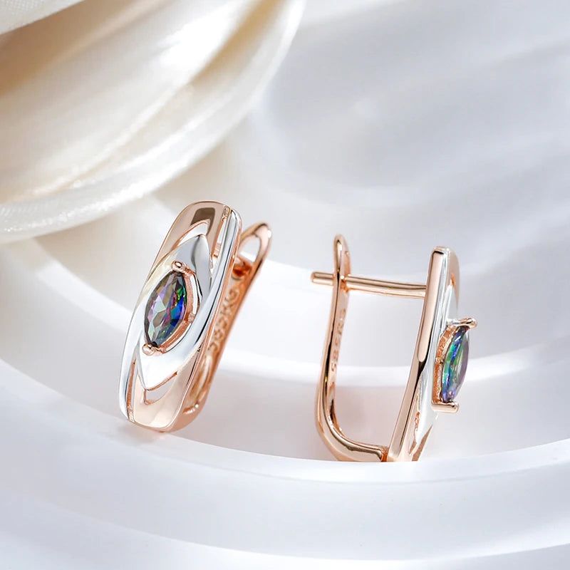 Exquisite Geometric Drop Earrings with Colorful Stones in Rose Gold and White Gold Finish