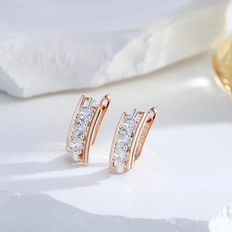 Exquisite Geometric Drop Earrings with Natural Zircon in Rose Gold and Antique Gold Finish