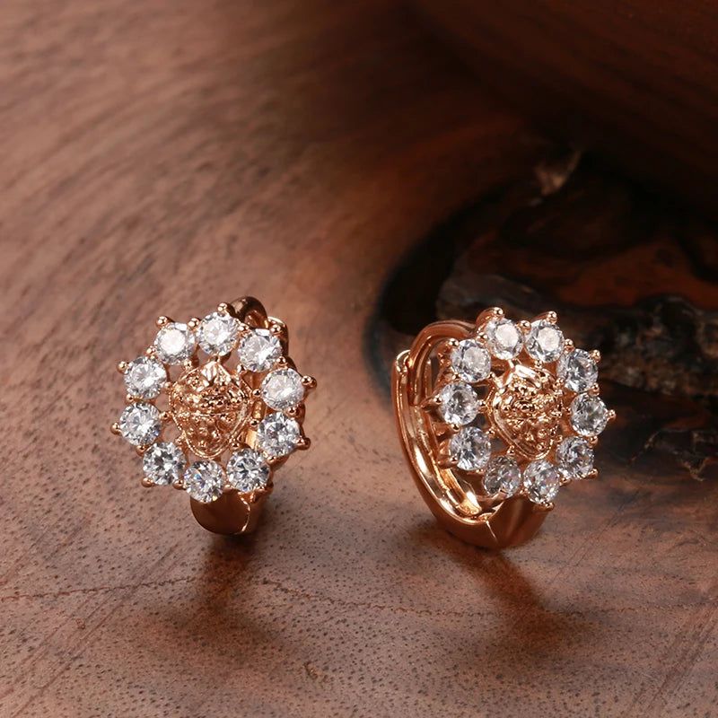 Exquisite Hollow Flower Rose Gold Stud Earrings with Natural Zircon