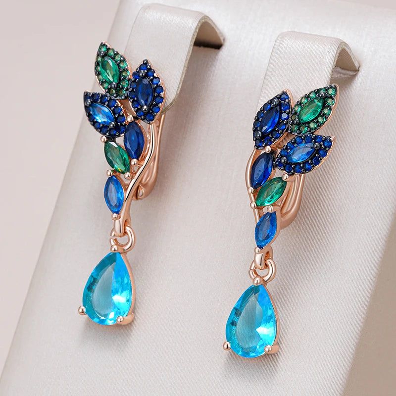 Exquisite Hot Green Blue Natural Zircon Drop Earrings in 585 Rose Gold with Black Plating and Crystal Leaf Design