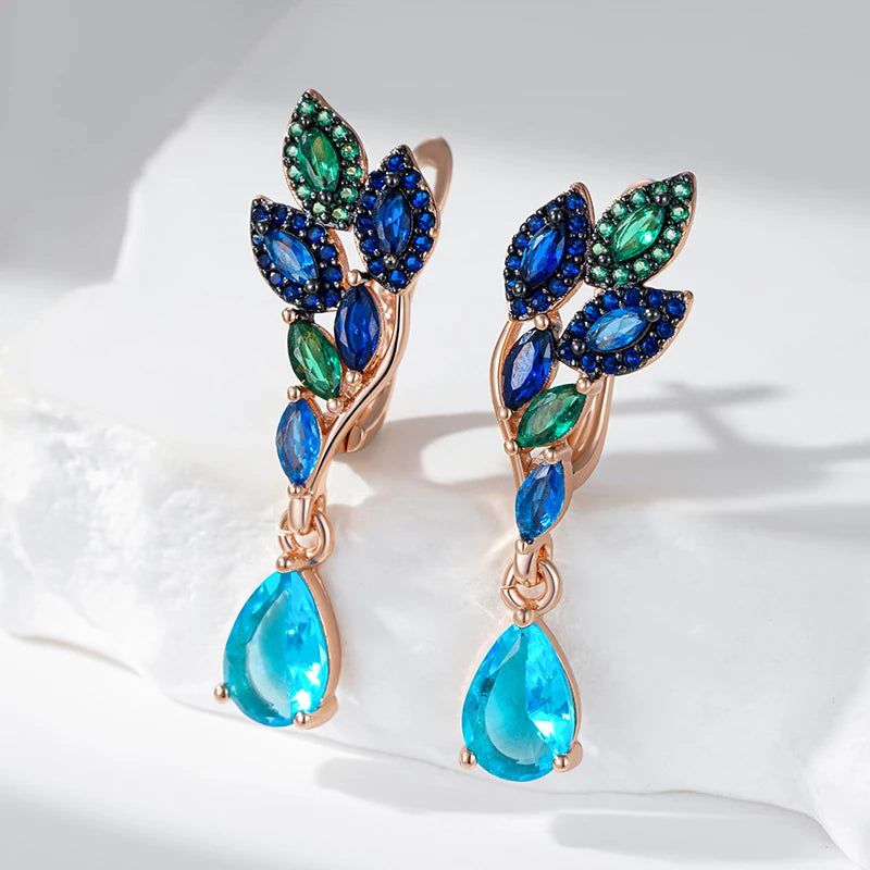 Exquisite Hot Green Blue Natural Zircon Drop Earrings in 585 Rose Gold with Black Plating and Crystal Leaf Design