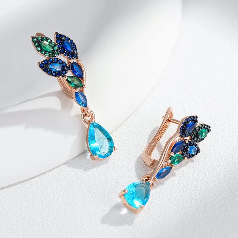 Exquisite Hot Green Blue Natural Zircon Drop Earrings in 585 Rose Gold with Black Plating and Crystal Leaf Design