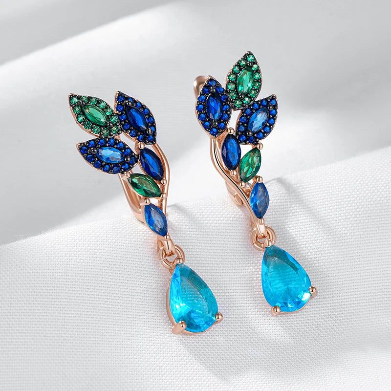 Exquisite Hot Green Blue Natural Zircon Drop Earrings in 585 Rose Gold with Black Plating and Crystal Leaf Design