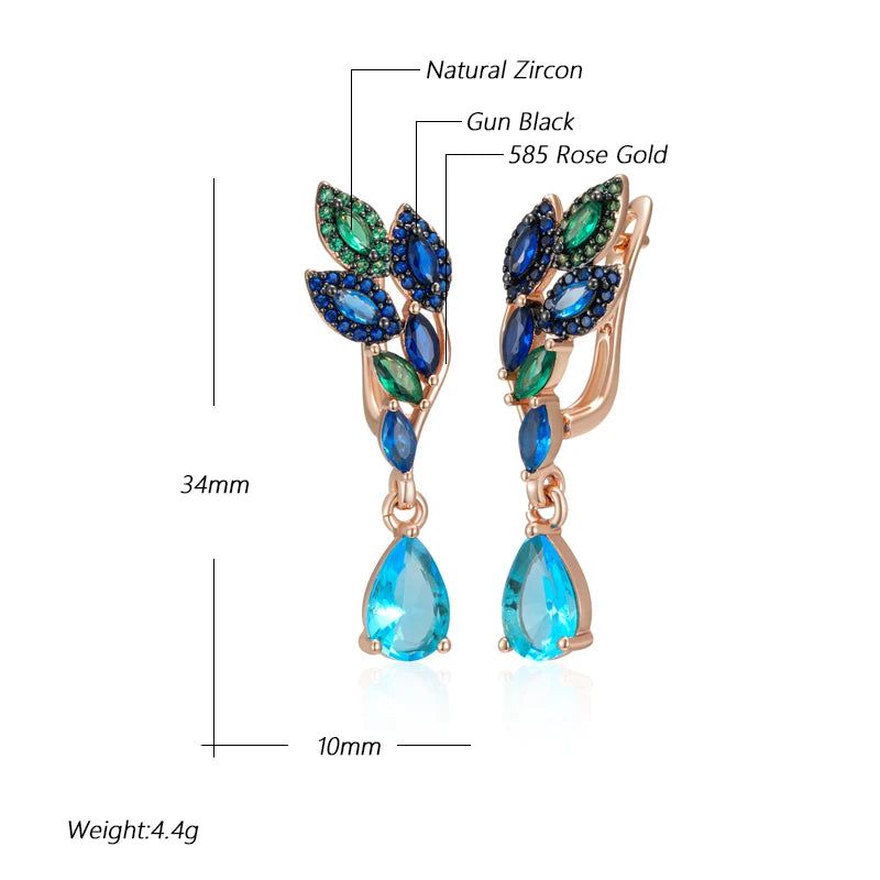 Exquisite Hot Green Blue Natural Zircon Drop Earrings in 585 Rose Gold with Black Plating and Crystal Leaf Design