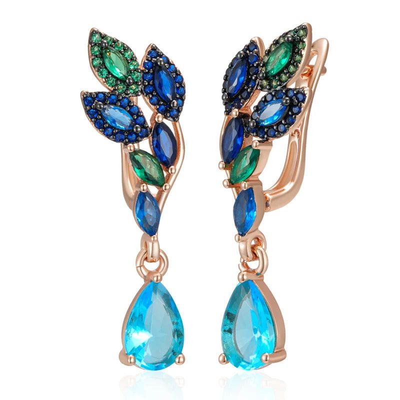 Exquisite Hot Green Blue Natural Zircon Drop Earrings in 585 Rose Gold with Black Plating and Crystal Leaf Design