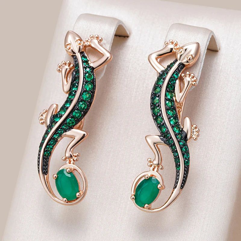 Exquisite Hot Green Natural Zircon Lizard Drop Earrings in 585 Rose Gold with Black Plating - Vintage Animal Punk Style